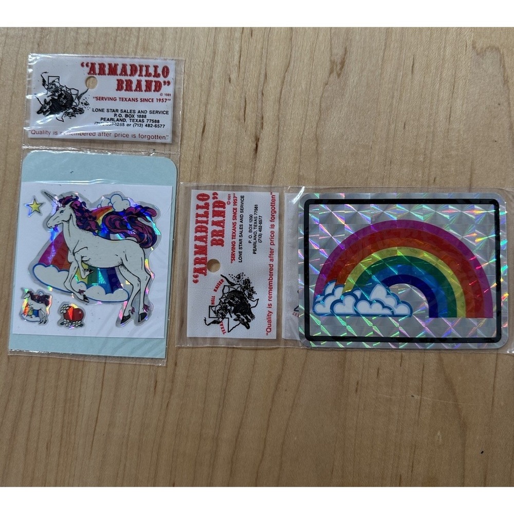 Vintage 80's 90s Armadillo Brand Prism JUMBO Unicorn Rainbow Sticker Lot Of 2
